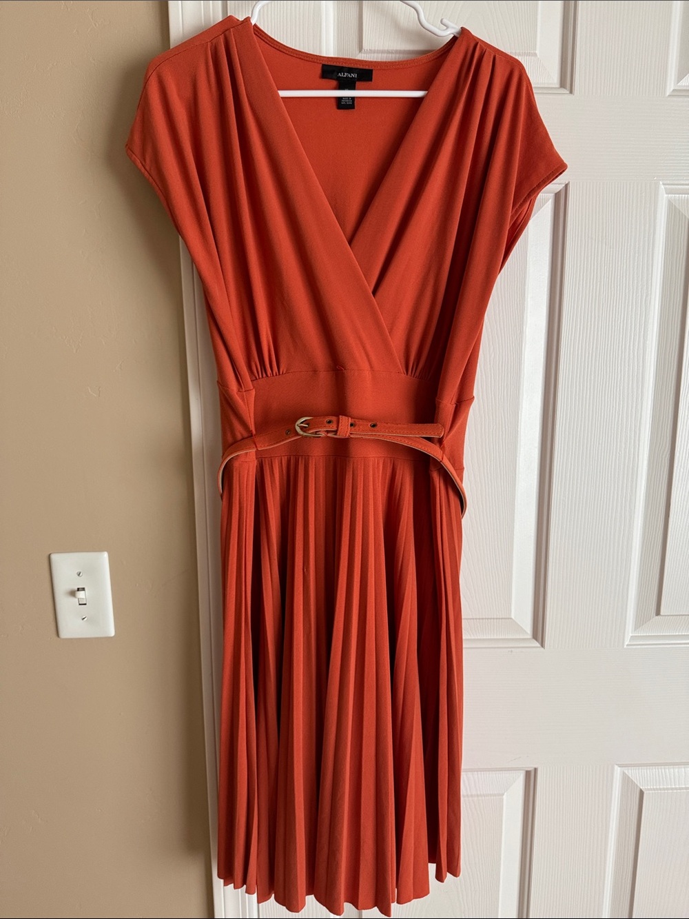 Alfani Women's Rust Orange Surplice Belted Pleated Midi Dress